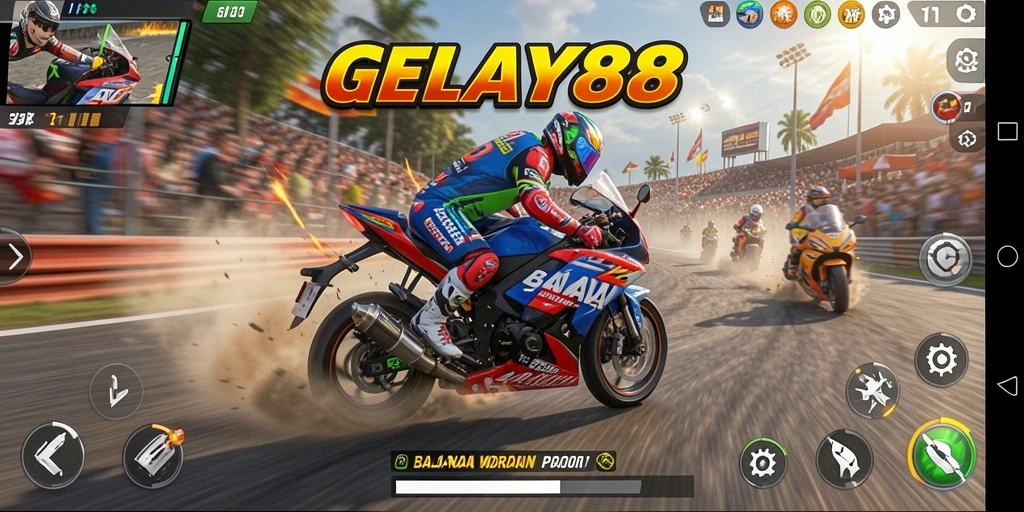 Tangkapan layar dari gameplay balapan motor yang menegangkan.
