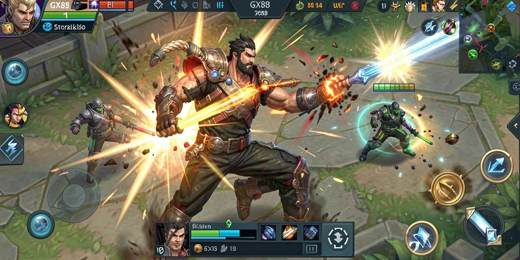 Screenshot GX88 menampilkan pertarungan intens antar karakter dengan grafis menawan.