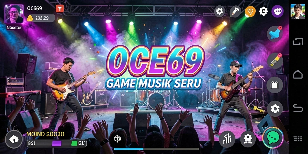 Screenshot OCE69 menampilkan gameplay yang penuh warna dan interaksi musik.