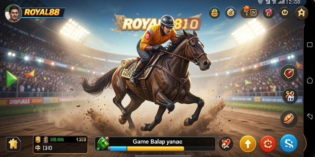 Screenshot gameplay ROYAL88 menunjukkan kecepatan mendebarkan di lintasan balap.